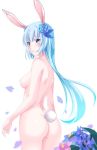  animal_ears arms_at_sides ass bangs blue_eyes blue_hair blurry blush breasts bunny_ears bunny_tail character_request commentary_request cowboy_shot depth_of_field eyebrows_visible_through_hair flower from_behind hair_flower hair_ornament highres long_hair looking_at_viewer medium_breasts nipples nude petals sidelocks smile solo standing tail wangzhe_rongyao white_background wulock 