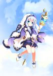  animal_hood between_legs blue_eyes blue_hair blue_skirt blue_sky blush bridal_gauntlets bunny_hood bunny_tail chimame_chronicle closed_mouth cloud day detached_sleeves full_body gochuumon_wa_usagi_desu_ka? hair_ornament hood hooded_cape joutarou_(vv-kancole) kafuu_chino long_hair looking_at_viewer low_twintails skirt sky solo staff tail twintails wide_sleeves x_hair_ornament 