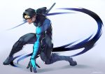  arm_blade batman_(series) black_hair blue_bodysuit bodysuit boots closed_mouth dick_grayson full_body gradient gradient_background highres holding holding_weapon kotatsu_(g-rough) legs_apart male_focus mask muscle nightwing pose serious solo squatting weapon 