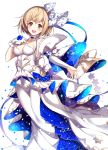  :d bangs bare_shoulders blonde_hair blue_choker blush braid breasts brown_eyes choker collarbone crown_braid detached_collar detached_sleeves djeeta_(granblue_fantasy) dress elysian_(granblue_fantasy) eyebrows_visible_through_hair gloves granblue_fantasy hair_ornament hand_on_own_chest highres homaderi jewelry long_dress looking_at_viewer medium_breasts open_mouth outstretched_arm petals ring short_hair simple_background single_glove smile solo sparkle standing white_background white_dress white_gloves 