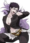  belial_(granblue_fantasy) belt black_belt black_hair black_pants black_shirt contrapposto fangs feather_boa granblue_fantasy kyuu_(ost) long_sleeves looking_at_viewer male_focus pants pectorals popped_collar red_eyes shirt simple_background sitting solo white_background 