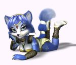  2002 anthro blue_fur blue_hair breasts canine cleavage clothed clothing female footwear fox fur green_eyes hair jewery krystal loincloth looking_at_viewer mammal nintendo official_art solo star_fox video_games 