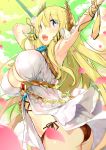  armpits ass azur_lane blonde_hair blue_eyes blue_flower blue_rose breasts chain cleavage cloud commentary_request cowboy_shot dress eyebrows_visible_through_hair floating_hair flower from_below green_sky hands_up holding holding_staff jewelry kibii_mocha large_breasts laurel_crown long_hair looking_up open_mouth outstretched_arms panties petals ribbon rose rose_petals side-tie_panties sleeveless sleeveless_dress solo staff teeth underbust underwear veil very_long_hair victorious_(azur_lane) wrist_ribbon 
