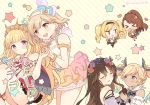 &gt;_&lt; 6+girls aqua_hair bangs bare_shoulders beatrix_(granblue_fantasy) blonde_hair blue_eyes blush bow brown_eyes brown_hair cagliostro_(granblue_fantasy) chibi commentary_request detached_sleeves djeeta_(granblue_fantasy) doughnut eating eyes_closed flower food frills gloves gradient_hair granblue_fantasy hair_flower hair_ornament hairband hand_holding heart holding holding_food io_euclase long_sleeves looking_at_another looking_away maru_(maruplum) multicolored_hair multiple_girls open_mouth purple_eyes purple_flower purple_rose red_flower red_rose rose rosetta_(granblue_fantasy) star striped striped_background sweat translation_request twintails twitter_username white_background white_hairband yellow_background yuri zeta_(granblue_fantasy) 