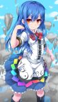  blue_hair boots bow bowtie cloud commentary_request debris dress eyebrows_visible_through_hair frilled_dress frills hand_up hat hat_removed headwear_removed hinanawi_tenshi long_hair orange_eyes red_neckwear rock short_sleeves sky solo touhou uumaru 