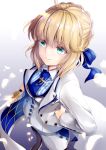  ahoge artoria_pendragon_(all) bangs blonde_hair blue_ribbon blush buttons closed_mouth commentary_request eyebrows_visible_through_hair fate/grand_order fate_(series) green_eyes hair_ribbon hane_yuki highres jewelry lapel lapel_pin long_hair looking_at_viewer multicolored multicolored_clothes pendant ribbon saber solo vest white_background 