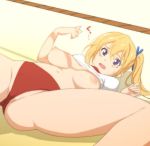  areolae blonde_hair blue_ribbon blush breasts buruma eyebrows_visible_through_hair feet_out_of_frame gym_uniform hair_ribbon highleg highleg_buruma kawakami_mai limbo long_hair lying medium_breasts musaigen_no_phantom_world nipples nishi_tanuki no_bra on_back open_mouth purple_eyes ribbon rope shirt_lift shirt_slip solo spread_legs 