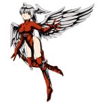  angel_wings bangs belt belt_buckle boots breasts brown_eyes buckle closed_mouth collarbone colored_eyelashes eyebrows_visible_through_hair facing_away feathered_wings feathers final_fantasy final_fantasy_tactics frown full_body groin hair_between_eyes head_wings highleg highleg_leotard holster leg_up leotard long_hair looking_at_viewer medium_breasts miracle_spirit red_belt red_footwear red_legwear red_leotard silver_hair silver_wings simple_background solo straight_hair sword thigh_boots thighhighs turtleneck ultima_(fft) weapon white_background wings 