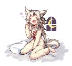  animal_ears barefoot between_legs borrowed_design collar commentary_request crescent_moon fang full_body hand_between_legs kazana_(sakuto) moon open_mouth original pajamas pillow saku_(kazana) simple_background sitting tail tears wariza white_background window wolf_ears wolf_tail yawning 