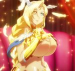  1girl blonde_hair braid breasts cleavage hand_on_own_chest heterochromia highres huge_breasts long_hair nanatsu_no_bitoku navel sariel_(the_seven_heavenly_virtues) screencap stitched the_seven_heavenly_virtues underboob 