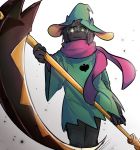  2018 black_fur caprine clothing deltarune digital_media_(artwork) dl_dotdot eyewear fangs fur glasses goat male mammal melee_weapon polearm raised_arm ralsei robe scarf scythe simple_background video_games weapon 