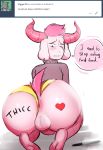  &lt;3 anthro anus backsack balls big_butt blush body_writing butt butt_focus caprine clothed clothing dialogue ear_piercing english_text feet goat hair horn hotkeke1 keke_(hotkeke1) kneeling looking_back male mammal pen penis piercing pink_hair pink_tail red_eyes simple_background soles solo speech_bubble sweater text thong tumblr underwear underwear_aside white_background white_skin 