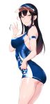  armband artist_name ass bangs bare_shoulders black_hair blue_dress blue_eyes blush breasts commentary_request dress hair_between_eyes heart highres hips large_breasts long_hair looking_at_viewer original parted_lips pocari_sweat_(artist) simple_background smile solo thighs visor_cap waving white_background 