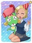  &gt;_&lt; 1girl ^_^ angol_mois birthday blonde_hair breasts closed_eyes commentary_request dark_skin frog hair_ornament hakkatou happy_birthday keroro keroro_gunsou medium_breasts pleated_skirt school_uniform seiza short_hair sitting skirt sweater_vest 