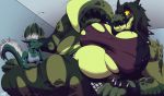  anthro big_breasts breasts clothing crocodile crocodilian dragon duo eda female growth huge_breasts hybrid macro open_mouth overweight reptile scalie size_difference smile torn_clothing 