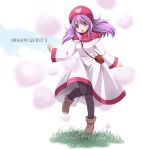  breasts commentary_request dragon_quest dragon_quest_ii dress full_body hood hood_up long_hair long_sleeves looking_at_viewer medium_breasts pantyhose princess princess_of_moonbrook purple_eyes purple_hair solo standing u-zone white_dress white_robe 