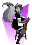  2017 anthro barefoot big_breasts breasts canine chair chest_tuft clothing coyote digital_media_(artwork) dipstick_tail female fox huge_breasts hybrid looking_at_viewer maid_uniform mammal multicolored_tail purple_eyes smile tuft ukabor uniform zenocoyote_(oc) 