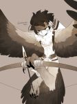  1boy black_hair bow_(weapon) feathered_wings feathers flying harpy headband male_focus monster_boy original pale_skin quiver solo twitter_username weapon wings yamanobe 