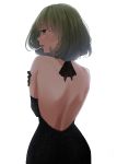  back backless_dress backless_outfit bare_back bare_shoulders black_dress cigarette dress elbow_gloves from_behind gloves green_eyes green_hair highres idolmaster idolmaster_cinderella_girls looking_at_viewer looking_back mole mole_under_eye senju_(snz0) short_hair simple_background smoking solo takagaki_kaede white_background 