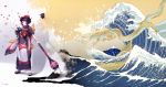  black_kimono boat dragon fate/grand_order fate_(series) fine_art_parody ink japanese_clothes kanagawa_okinami_ura katsushika_hokusai_(fate/grand_order) kibou kimono octopus paintbrush painting parody purple_hair solo tokitarou_(fate/grand_order) watercraft waving 