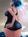  ass blue_hair breasts commentary_request covered_nipples cowboy_shot hair_ribbon highres i-19_(kantai_collection) kantai_collection large_breasts long_hair looking_at_viewer looking_back multicolored_hair oekakizuki one-piece_swimsuit pink_hair red_eyes ribbon school_swimsuit solo standing swimsuit tri_tails water wet wet_clothes 