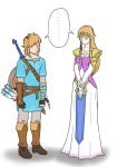  1boy 1girl blonde_hair blue_shirt brown_gloves commentary dress fingerless_gloves gloves inoriofthewild link looking_down mario_(series) princess_zelda shield shirt simple_background spoken_ellipsis super_mario_bros. super_smash_bros. super_smash_bros._ultimate sword the_legend_of_zelda the_legend_of_zelda:_breath_of_the_wild the_legend_of_zelda:_twilight_princess tunic weapon white_background white_gloves 