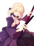  artoria_pendragon_(all) azalea_(thenewhorde) braid breasts choker cleavage dark_excalibur eyebrows_visible_through_hair fate/grand_order fate/stay_night fate_(series) french_braid hair_between_eyes juliet_sleeves long_sleeves medium_breasts puffy_sleeves ribbon_choker saber saber_alter sideboob solo white_background wide_sleeves yellow_eyes 