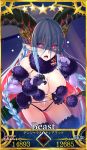  blue_hair blush border bow braid breasts butter-t card_(medium) card_parody claw_pose cleavage cosplay craft_essence dangerous_beast elbow_gloves fang fate/grand_order fate_(series) french_braid frilled_legwear fur-trimmed_gloves fur-trimmed_legwear fur_collar fur_trim glint gloves glowing glowing_eyes hair_between_eyes halloween_costume horns large_breasts long_hair looking_at_viewer mash_kyrielight mash_kyrielight_(cosplay) namesake o-ring o-ring_top open_mouth pink_bow pink_eyes pointy_ears pun purple_gloves revealing_clothes shade shaded_face sidelocks sparkle star sweat sweatdrop tears thick_eyebrows tiamat_(fate/grand_order) twin_braids twintails v-shaped_eyebrows yellow_border 