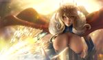  artoria_pendragon_(all) artoria_pendragon_(lancer) blonde_hair breasts cape cleavage cleavage_cutout closed_mouth crown fate/grand_order fate_(series) fur-trimmed_cape fur_trim gauntlets huge_breasts limgae lips long_hair looking_at_viewer patreon_username red_cape sidelocks solo yellow_eyes 