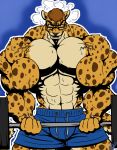  abs anthro clothed clothing eda exercise eyewear feline glasses looking_at_viewer male mammal muscular muscular_male open_mouth solo standing sweat topless veiny_muscles weightlifting workout 