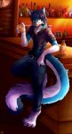  2018 alcohol anthro bar barefoot belt beverage blue_eyes blue_fur blue_hair bottle brick_wall canine cat chibity claws clock clothed clothing counter cup detailed_background feline fox fur hair hi_res holding_glass holding_object hybrid inside jeans long_tail male mammal multicolored_fur pants shirt solo toe_claws two_tone_fur waveon_(character) white_fur 