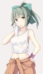  :o aqua_bow bangs blunt_bangs blush bow breasts brown_eyes clothes_around_waist collarbone cowboy_shot drying eyebrows_visible_through_hair gin'ichi_(akacia) green_hair grey_background hair_bow hand_on_hip highres kantai_collection looking_at_viewer medium_breasts navel open_mouth orange_pants ponytail see-through short_hair simple_background sleeveless solo standing stomach sweatband towel wet wet_clothes white_tank_top yuubari_(kantai_collection) 