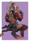  :q aakira armor ass back backless_outfit bare_back blush bow commentary_request dark_skin from_behind full_body gauntlets grey_hair hand_up heart heart-shaped_pupils high_ponytail highres hip_vent holding holding_mask licking_lips looking_at_viewer looking_back mask mask_removed monster_hunter monster_hunter:_world odogaron_(armor) pants ponytail rope shoulder_armor sideways_glance sitting smile solo spaulders symbol-shaped_pupils toned tongue tongue_out wariza 