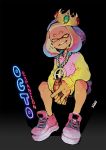  2gold cephalopod_eyes chain_necklace crown full_body grin hime_(splatoon) hood hood_down hoodie jewelry mole mole_under_mouth octarian ring shoes sitting smile sneakers solo splatoon_(series) splatoon_2 splatoon_2:_octo_expansion thumb_ring typo yellow_eyes 