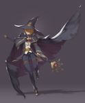  absurdres belt blonde_hair cape commentary hat highres male_focus original simple_background solo sseli staff wide_sleeves witch_hat wizard 