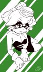  +_+ arm_support bare_shoulders breasts cleavage collarbone detached_collar domino_mask dress earrings full_body gloves green_background half-closed_eyes highres hotaru_(splatoon) large_breasts lying mole mole_under_eye monochrome object_on_head on_side pointy_ears short_dress short_hair signature simple_background smile splatoon strapless strapless_dress tied_hair two-tone_background usa_(dai9c_carnival) 