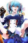  :o blue_gloves blue_hair blue_skin breasts brown_eyes brown_footwear cleavage gloves highres horns kamemushi_(hoozuki) lapis_(sennen_sensou_aigis) looking_at_viewer medium_breasts sennen_sensou_aigis speech_bubble straddling translation_request wrist_cuffs 