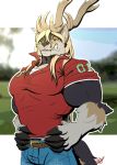  anthro antlers big_biceps canine cervine clothed clothing deer eda horn hybrid looking_at_viewer male mammal muscular muscular_male smile solo 