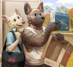  2018 aircraft airplane anthro box brian_(tacklebox) canine clothing digital_media_(artwork) fur hi_res hyena mail male mammal outside pink_nose rupert_(tacklebox) shirt simple_background smile striped_hyena tacklebox tank_top white_fur 