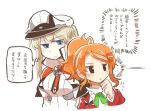  aquila_(kantai_collection) blonde_hair blue_eyes capelet commentary graf_zeppelin_(kantai_collection) hair_between_eyes hat jacket kantai_collection long_hair long_sleeves military military_uniform multiple_girls necktie orange_hair peaked_cap rebecca_(keinelove) red_jacket short_hair sidelocks simple_background translation_request twintails uniform white_background 