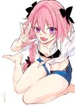  :3 :d arms_up astolfo_(fate) bangs bare_legs barefoot bikini bikini_under_clothes black_bikini black_bow blush bow braid collarbone collared_shirt commentary_request crop_top denim denim_shorts eyebrows_visible_through_hair fang fate/apocrypha fate_(series) flat_chest from_above hair_between_eyes hair_bow hair_intakes hair_over_shoulder long_hair long_sleeves looking_at_viewer looking_up male_focus navel open_clothes open_mouth open_shirt open_shorts otoko_no_ko pink_hair purple_eyes raised_eyebrows reaching_out see-through self_shot shirai shirt short_shorts shorts side-tie_bikini simple_background single_braid sitting sleeves_rolled_up smile solo stomach string_bikini swimsuit thighs tied_shirt translation_request unbuttoned unbuttoned_shirt w white_background white_shirt wing_collar 