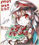  armband bangs black_hair black_hat black_jacket blush bouquet closed_mouth commentary_request cura dated eyebrows_visible_through_hair flower hair_rings hat head_tilt highres jacket long_hair long_sleeves looking_at_viewer maitetsu peaked_cap red_eyes red_flower red_rose rose shikishi signature sketch smile solo traditional_media very_long_hair 