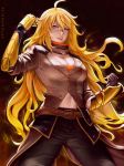  ahoge artist_name belt blonde_hair breasts cleavage clenched_hand fire gauntlets highres jacket large_breasts long_hair navel pants prosthesis prosthetic_arm purple_eyes realistic rwby sciamano240 signature solo yang_xiao_long zipper 
