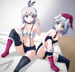  absurdres bed black_legwear blush boots breasts bunny_girl bunnysuit cameltoe eila_ilmatar_juutilainen green_eyes highres medium_breasts multiple_girls navel nomad_(mjauharazhar) purple_eyes sanya_v_litvyak shorts strike_witches thighhighs white_hair world_witches_series 