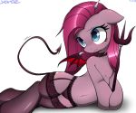  2018 blue_eyes blush choker clothed clothing costume cute cutie_mark earth_pony equine eyebrows eyelashes eyeshadow fangs female feral floppy_ears friendship_is_magic fully_clothed garter_belt garter_straps hair hi_res holding_object hooves horn horse legwear lingerie lying makeup mammal mascara membranous_wings my_little_pony navel on_side panties pink_hair pinkamena_(mlp) pinkie_pie_(mlp) pitchfork pony portrait pose shadow signature simple_background solo spade_tail thigh_highs underwear white_background wings yorozpony 