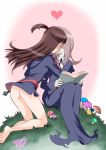  ass barefoot book brown_hair dated dress feet grass heart kagari_atsuko kamirenjaku_sanpei kiss kneeling legs little_witch_academia long_dress long_hair multiple_girls mushroom no_panties open_book outdoors pale_skin pink_hair ponytail school_uniform short_dress sitting soles sucy_manbavaran thighs yuri 