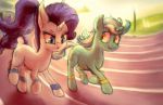  2017 alternate_hairstyle blue_eyes cute cutie_mark cyan_hair digital_media_(artwork) digital_painting_(artwork) duo equine eyebrows eyelashes female feral friendship_is_magic fur hair hi_res hooves horn lyra_heartstrings_(mlp) mammal multicolored_hair my_little_pony nude open_mouth open_smile outside plotcore ponytail purple_hair racing rarity_(mlp) running shadow smile sunlight sweat sweatband tongue track track_and_field two_tone_hair unicorn yellow_eyes 