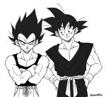  artist_name black_eyes black_hair black_shirt crossed_arms dougi dragon_ball dragon_ball_z gloves greyscale hand_on_hip looking_at_another male_focus monochrome multiple_boys pants ringoaomushi shirt short_hair simple_background sleeveless smile son_gokuu spiked_hair standing vegeta white_background wristband 