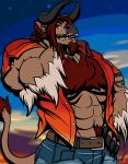  anthro beard bovine cattle clothed clothing ear_piercing eda facial_hair facial_piercing horn lip_piercing male mammal muscular muscular_male open_mouth piercing smile solo standing 