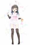  alternate_costume arm_warmers asashio_(kantai_collection) black_hair black_legwear blue_eyes blue_panties commentary_request cup full_body gotou_hisashi highres kantai_collection long_hair mug open_mouth panties shirt solo standing t-shirt thighhighs toothbrush underwear 